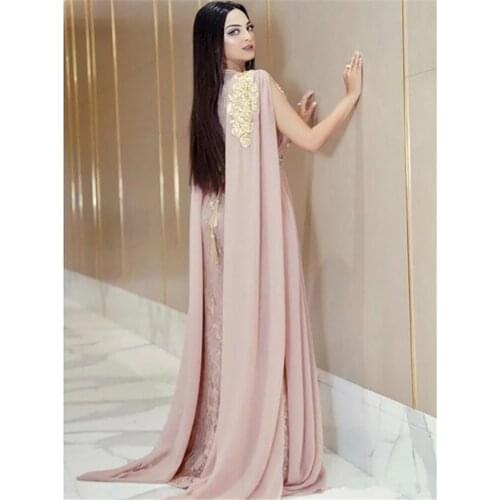 Muslim Evening Dresses A-line V-neck Chiffon Applique Beaded Kaftan Dubai Saudi Arabic Moroccan Long Evening Gown Prom
