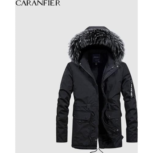CARANFIER Winter New Parkas Men Cotton Coat Long Section Youth New Mens Cotton Jacket Cotton Mane Collar Hooded Padded Jacket