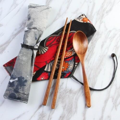 Kitchen Dinnerware Sets Japan Style Solid Wood Children Travel Portable Tableware Chopsticks Spoon Sets with cloth Package