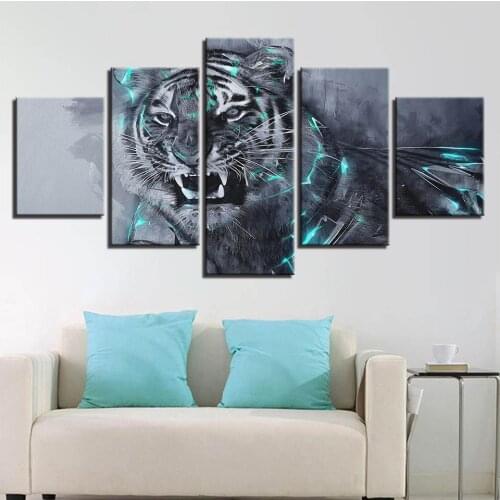 Wall Decor 5 Pieces HD Printing Fierce Tiger Animals Pictures Canvas Modular Posters Framed Paintings Art(No Frame)