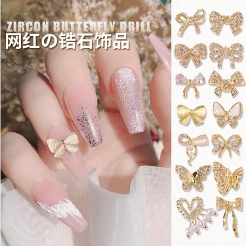 2021 New Arrival Fashion Hot Selling Zircon Crystal Butterfly Nail Decoration Mental Microscope Golden Nail Sticker Decor Girls