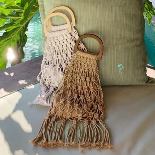 Hollow Tassel Rattan Bags Handmade Wood Handle Womens Handbags Woven Rope Straw Bag Casual Tote Summer Beach Purse Shopping Sac