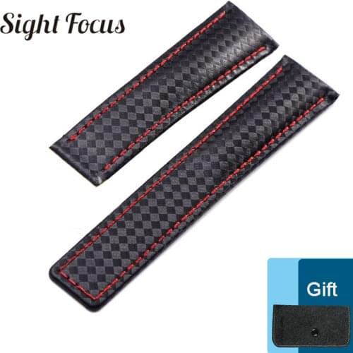 19mm 20mm 22mm Carbon Fiber Leather Strap for Tag Heuer Samsung Gear S3 Watch Band Deployment Buckle Red Stitch for Carrera Belt