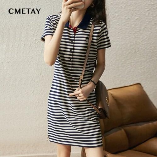 Embroidered Striped Mid-Length Polo Shirt 2021 Summer Elegant Retro Lapel Short Sleeved T Shirt Dress Women Casual Ete Vestidos