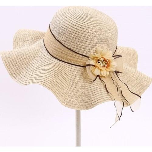 DONGYUN008 Hot Girl Lady Casaul Flower ribbon straw hat Summer Holiday women beach sun hat Wide large brim Panama