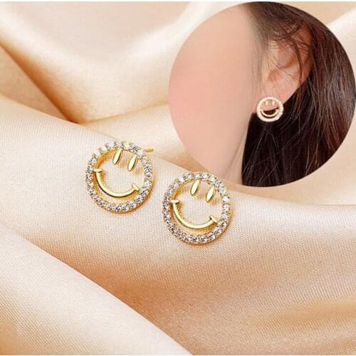 Rhinestones Smile Face Stud Earrings for Women Love Gifts Trendy Korean Simple Cute Romantic Jewelry Accessories Ear