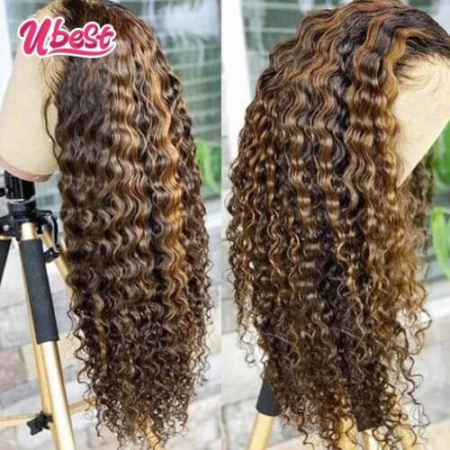 Ubest Highlight 4 30 Curly Human Hair Wigs for Women Malaysian Kinky Curly Lace Frontal Wigs Pre-Plucked With Natural Hairline