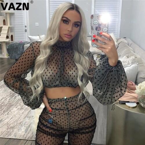 VAZN GBS11033 top design 2049 summer sexy lady 2 colors long set lantern full sleeve tops long pants set lady gauzy pullover set