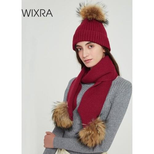 Wixra Fox Fur Ball Cap Poms+Knitted Scarf 2 Piece Set Winter Clothing Beanies Cap New Thick Female Cap Autumn