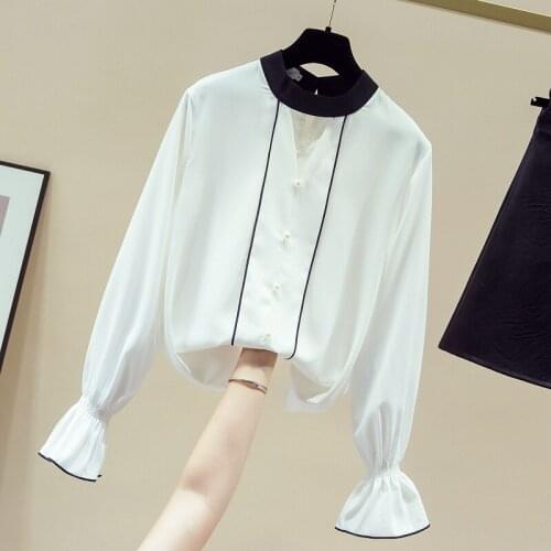 Elegant sweet trumpet sleeve chiffon shirt female temperament beaded hollow long sleeve round neck pullover office ladies top