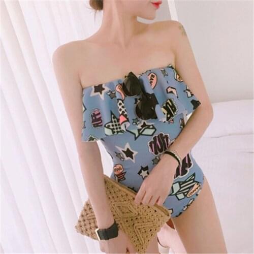 2019 Sexy Off The Shoulder Print Floral Printing Swimwear Women One Piece Swimsuit Bathing Suit Ruffle brazilian Swim Suits Wear