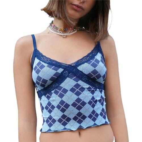 Women Spring Summer Leisure Bodycon Sexy Sleeveless Crop Tops Lace Hem V-Neck Camisole Plaid Pattern Ruffled Slim Floral Vest