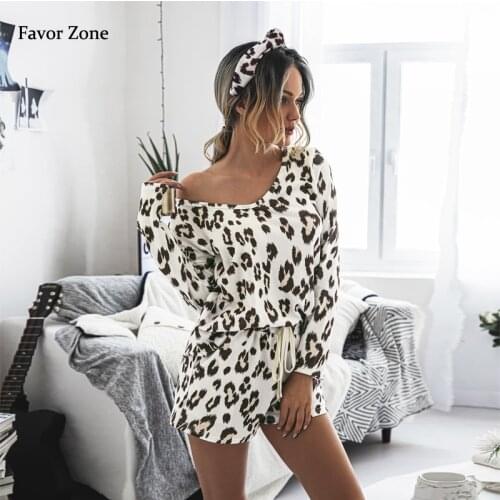 Womens Tracksuit Outfits Autumn Casual Long Sleeve Leopard Print T-shirt + Drawstring Loose Shorts Two Piece Set Women Clothing