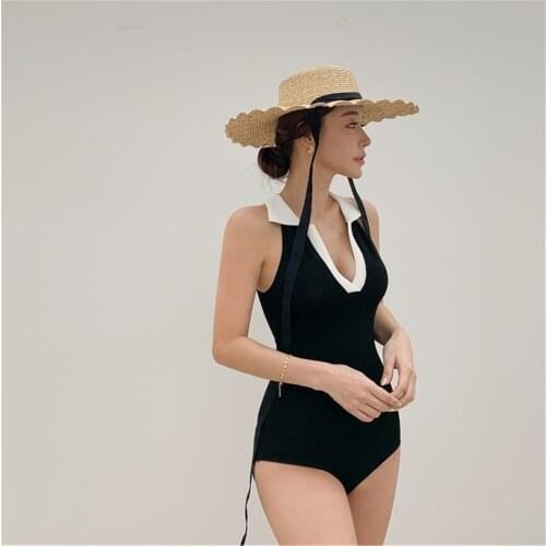 Women Dress One Piece Swimsuit Solid Swimwear With Collar Monokini Push Up Swim Suit Korea Style Bathing Suit High Cut Pad Black