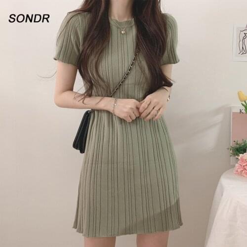 2020 Summer Korean Dress Fashion Vintage Short-Sleeved Knit Dress Round Neck Multicolor Ice Silk A-Line Dresses Sexy Mini Dress