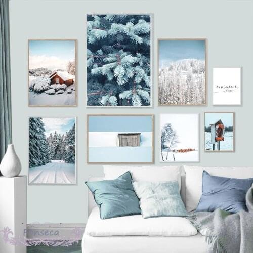 Winter Snow Forest Plant Animal Landscape Canvas Painting Nordic Cow Wooden House Posters and Prints Wall Pictures for Room