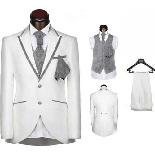 Botón blanco Blazer solapa novio esmoquin padrinos de boda Hombre Trajes de graduación (chaqueta + pantalones + chaleco)