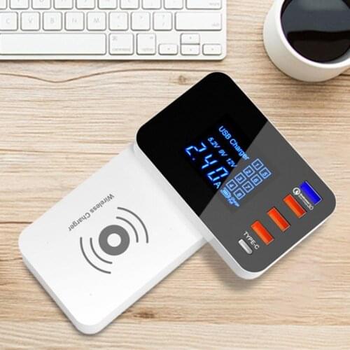 4 USB Ports QC3.0 Type-C USB LCD Display Phone Charging Station Wireless Charger for Phone Tablet Power Socket Charging Station