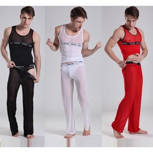 Men see though pants tranparent sexy long johns mens pants slim fit trousers with sale set pants+Vest