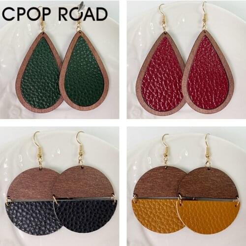 Cpop Wood Lychee Pattern Genuine Leather Earrings for Women Splicing Round Water Drop Teardrop Dangle Earrings Fashion Jewelry