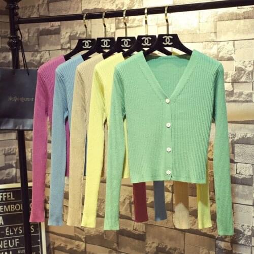 Autumn and winter new style striped long-sleeved V-neck knitted cardigan womens short sweater pure color casual all-match top