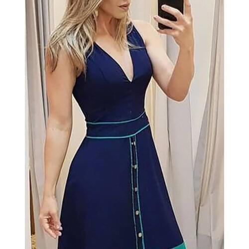 Summer new style Dress Sling V neck Colorblock Button Design Plunge Fashion elegant sexy Dress