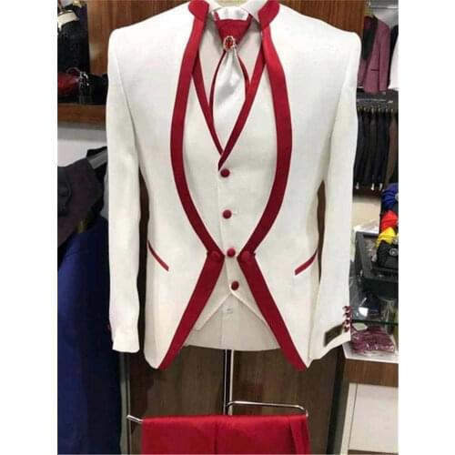 2020 Custom Made Mens White Jacquard Suit Men Slim Fit Stand Collar Men Suits For Wedding Groom Tuxedos 3 Piece Prom Suits