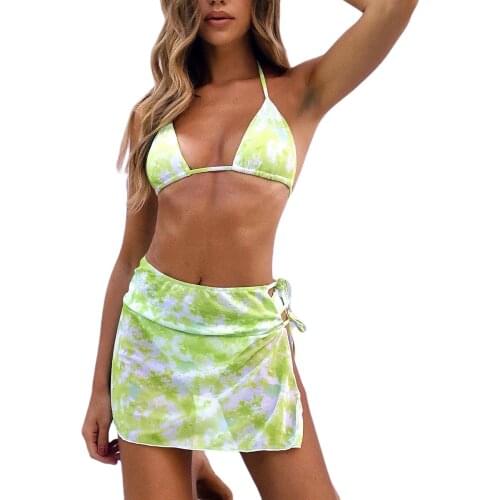 Newest Arrival Women Tie Dye 3 Piece Swimsuit Sets Halter Bra + High Waist Thong + Wrap Skirt Swim Bath Wear Summer Beach Wear