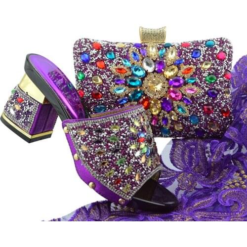 Purple Color New Arrival Ladies Italian Shoes and Bag Set Decorated with Rhinestone Italian Shoes with Matching Bag FTG004