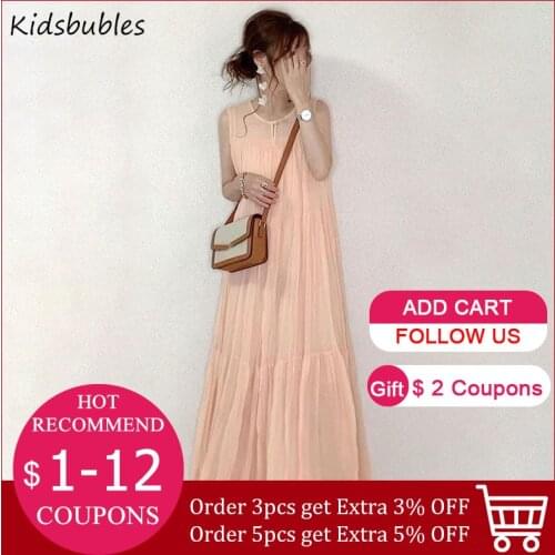 Women Sweet Dress A Line Sleeveless Long Dresses Orange Chiffon Maxi Vestidos Elegant Ladies Girls Japan Korean 2021 Summer