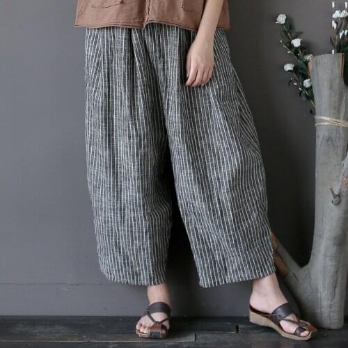 Retro Distressed Womens Loose Radish Pants Elastic Waist Womens Cropped Trousers Casual Summer Pants Woman 1763