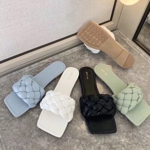New Fashion Weave Slippers Women Square Toe Flat Casual Shoes Women Slide 2021 Summer Flip Flops Beach Sandal Slipper Big size41