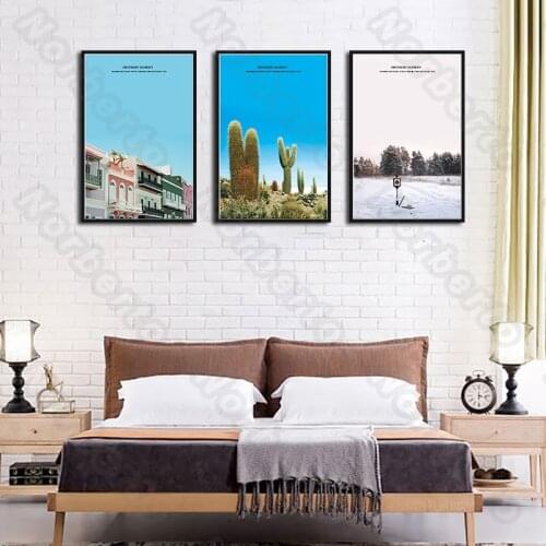 Nordic Style Canvas Painting Wall Poster Chinese Urban House Building Cactuses Plant Snow Forest for Home Rooms Decoration