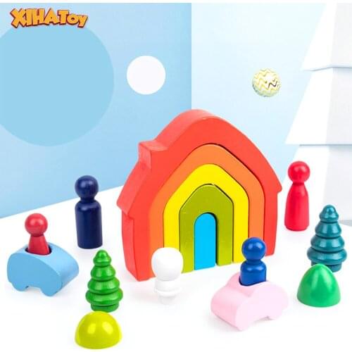 XIHATOY Rainbow Blocks Wooden Montessori Toy Children House Building Block Educational Kindergarten Supplies Christmas Gift