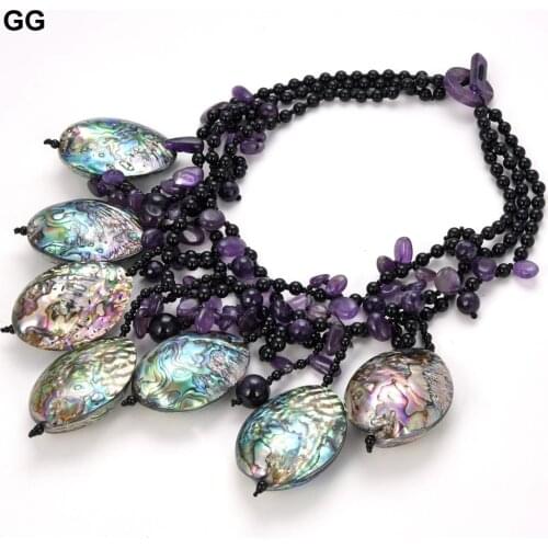 GuaiGuai Jewelry 18" 3 Strands Black Onyx Natural Faceted Amethyst Gems Stone Abalone Shell Necklace