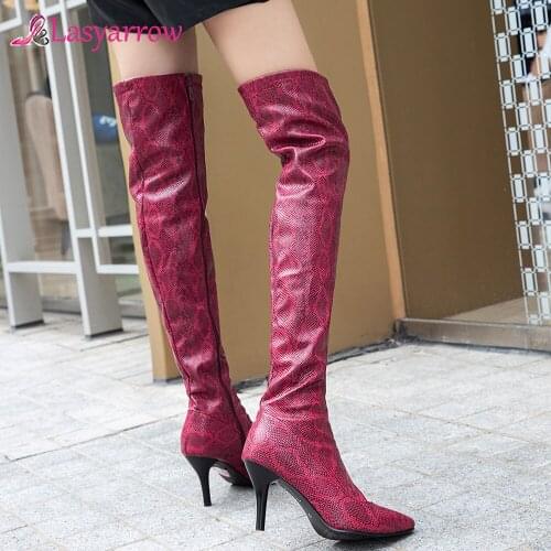 Lasyarrow 2019 Autumn Winter Women Boots High Heels Sexy Stiletto Ladies Shoes Red Black Apricot Over knee Long Boots Bota J1037