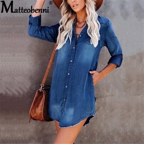 New Fashion Autumn Women Dress Lady Long Sleeve Denim Shirt Dress Casual Turn-down Collar Women Mini Dresses Loose Party Clothes