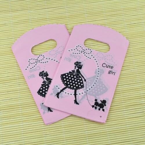 100pcs Pink girl with Dog Color Small Plastic Bag 9x15cm Candy Jewelry Gift Packaging Bags Cute Plastic Gift Bags With Handle