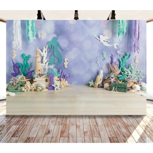 Yeele Birthday Purple Photocall Mermaid Cartoon Photography Backdrop Personalized Photographic Backgrounds For Photo Studio