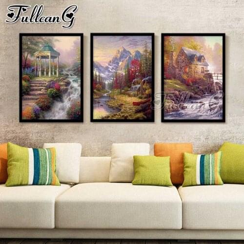FULLCANG 5d diy diamond embroidery mountain river natural scenery painting triptych full square round drill decoration FC3071