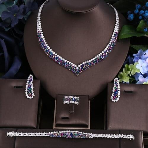 Janekelly 4pcs Bridal Zirconia Full Jewelry Sets For Women Party, Luxury Dubai Nigeria CZ Crystal Wedding Necklace Sets