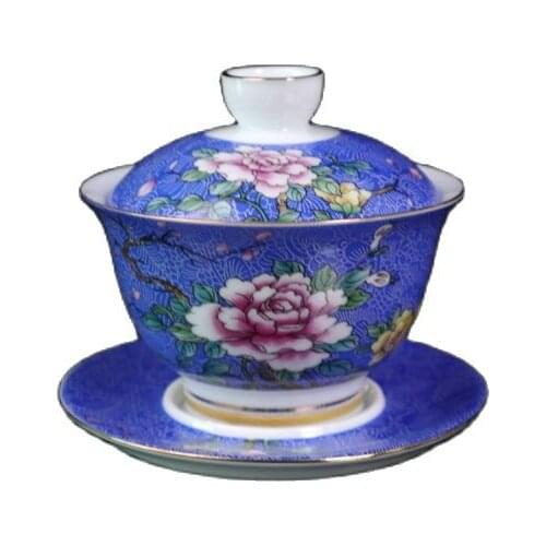 Jingdezhen ceramics blue ground painted gold pink flower pattern cover bowl collection ornaments