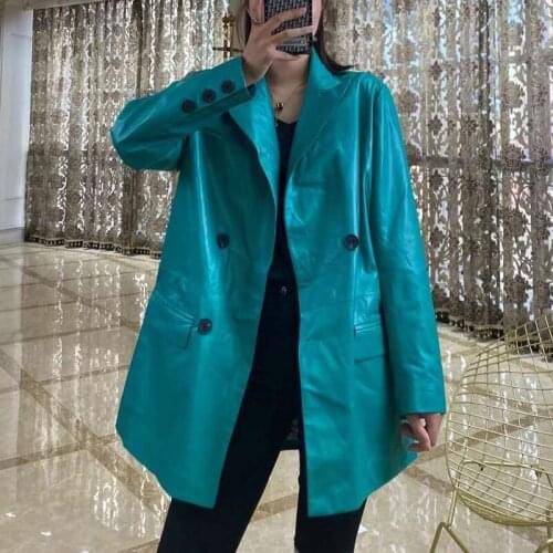 Women spring coat and autumn 2021 new arrival coats solid Malachite green color real skeepskin jackets turn-down collar