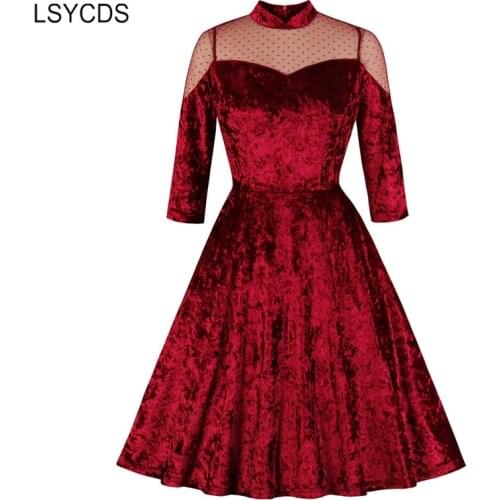 LSYCDS 2020 Fall Winter Vintage Dresses Stand Collar Contrast Sheer Mesh Burgundy Velvet Dresses Women Party Night Elegant Dress