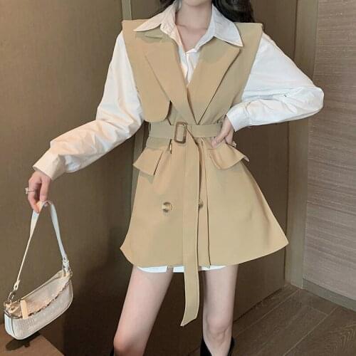 Fashion Casual Sets Womens Autumn 2021 New Waist Thin Double-Breasted Waistcoat + Lapel Mid-Length Shirt Two-Piece Suit s318