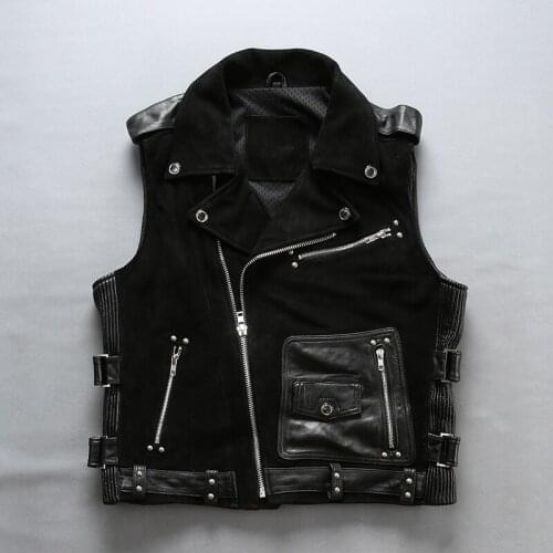 2018 Fashion Genuine Leather Vest Men Slim Fit Cowskin Leather Motorcycle Biker Vest Turn-down Collar Short Coat