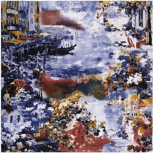 2020 New Luxury Brand Silk Scarf Women Countryside House Oil Painting Print Hijab Scarves Female 130cm Square Shawl Scarves