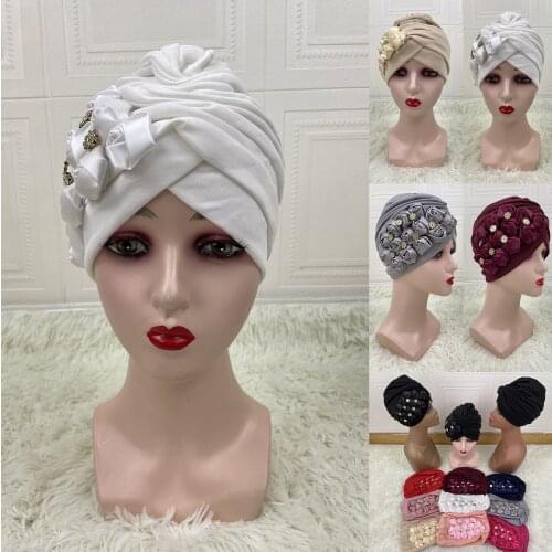 Newest Flower Turban Bonnet for Women Muslim Headscarf Caps Wedding Party Headwear Turbante African Headtie MZ828