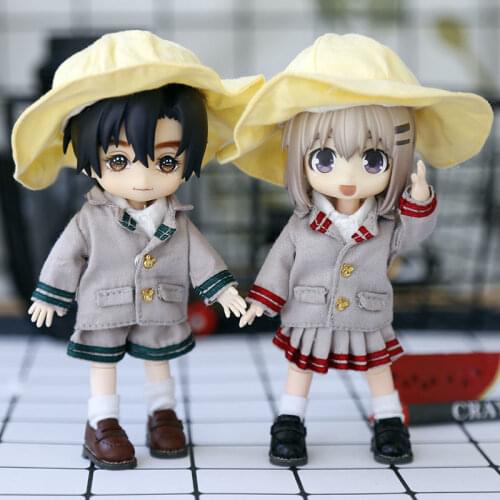 OB11 is suitable for 1/12 size uniform with stylish white shirt + grey uniform jacket + grey shorts/pleated skirt + yellow cap