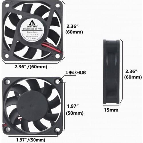 Gdstime 5 Pcs 2Pin 12V Brushless DC Cooling Fan High RPM 6cm 60mmx60mmx15mm 0.16A Computer Case Cooler 6015
